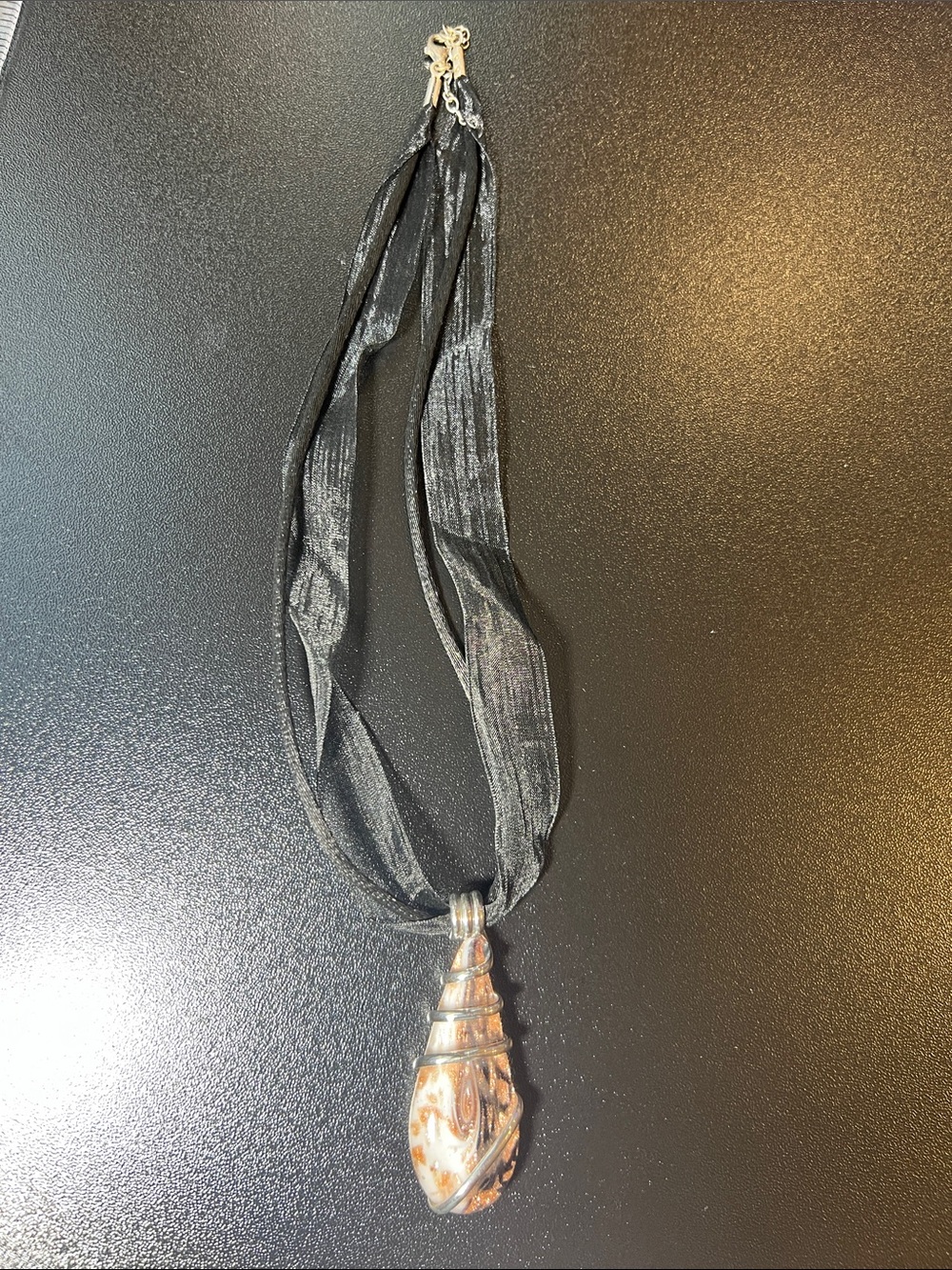 Black Ribbon Necklace with Brown Agate Teardrop Pendant